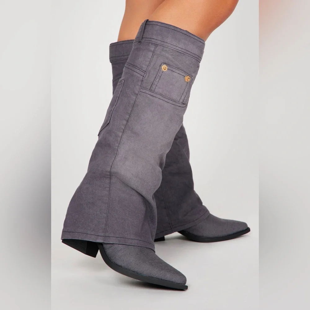 Fashion nova 90’s baby knee high heeled backwash overlay boot size 7.5